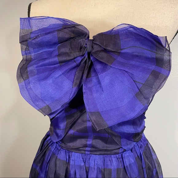 Vintage Albert Nipon Boutique 100% Silk Purple Plaid Bow Strapless Dress Size 6 - Picture 4 of 15